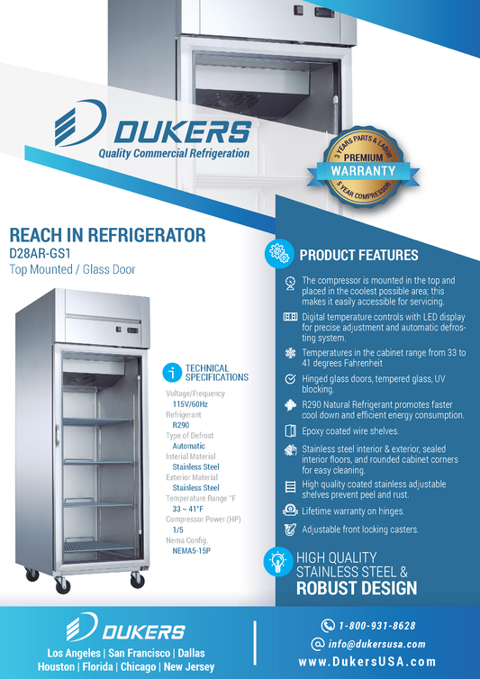 Refrigerador retráctil comercial con puerta de vidrio simple y montaje superior D28AR-GS1
