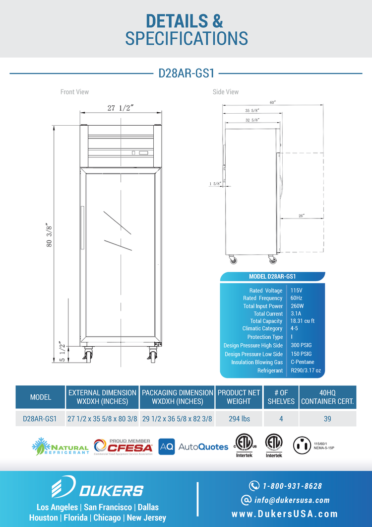 D28AR-GS1 Top Mount Single Glass Door Commercial Reach-in Refrigerator