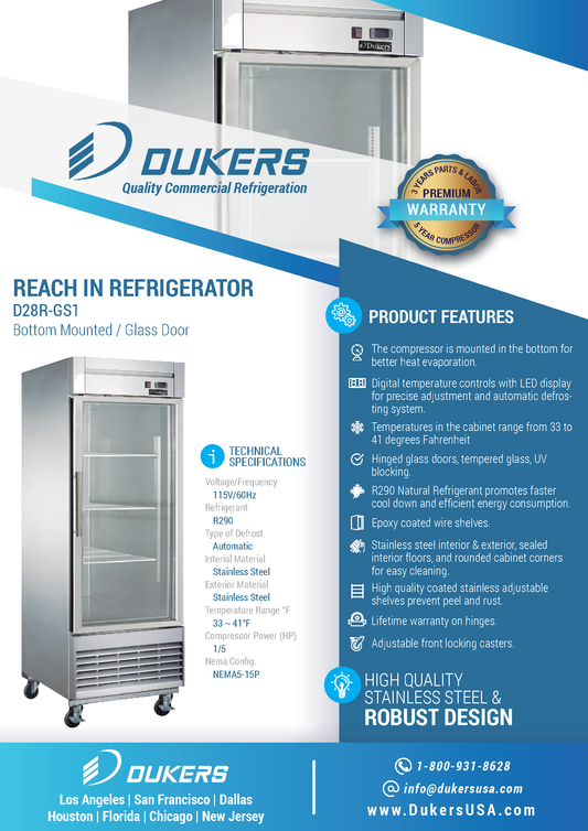 Refrigerador retráctil comercial de una puerta y vidrio con montaje inferior D28R-GS1