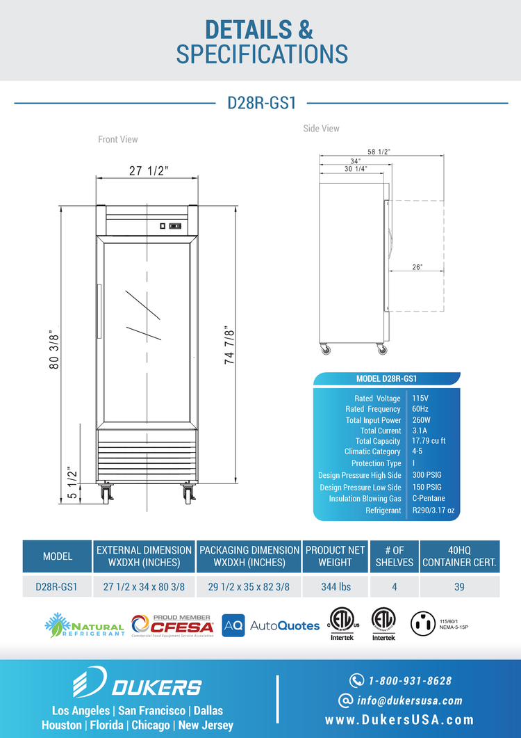 D28R-GS1 Bottom Mount Glass Single Door Commercial Reach-in Refrigerator