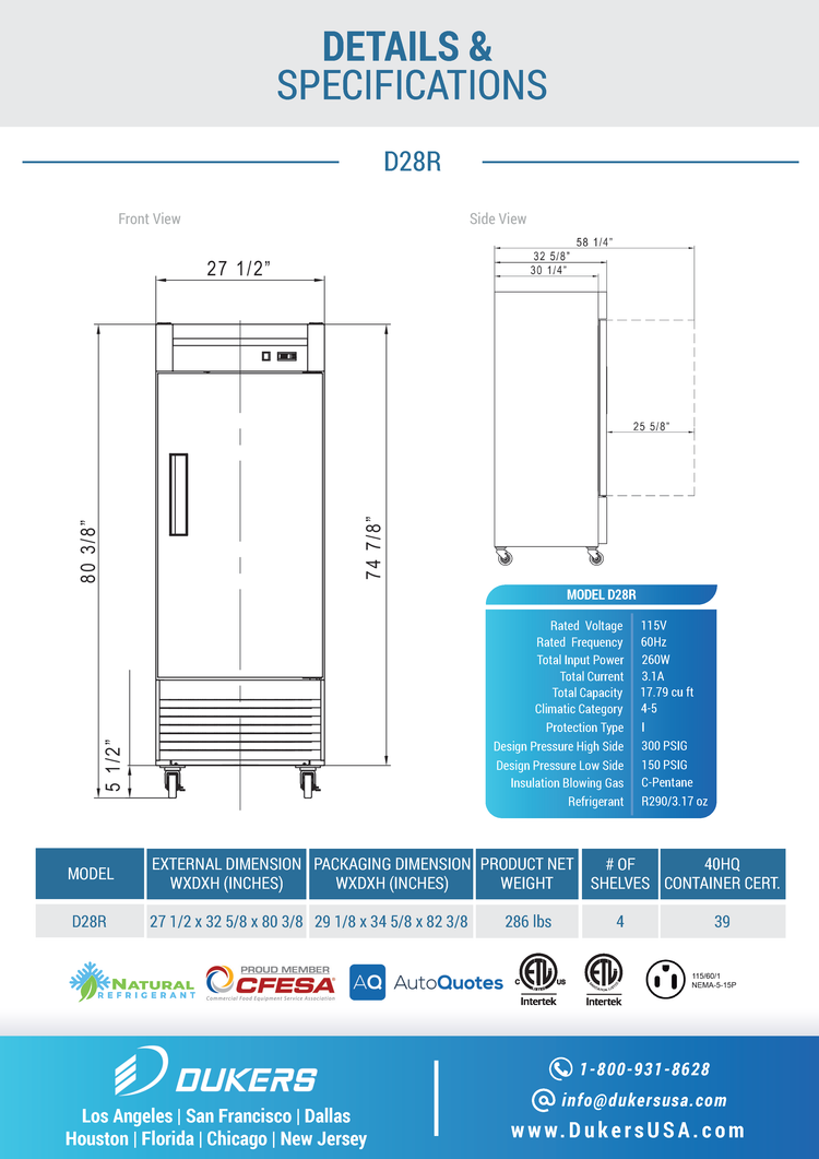 D28R Single Door Commercial Refrigerator in Stainless Steel