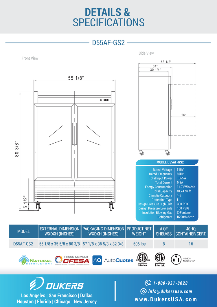 D55AF-GS2 Top Mount Glass 2-Door Commercial Reach-in Freezer