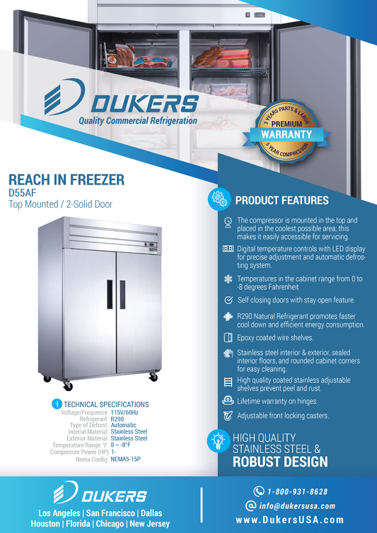 D55AF 不锈钢商用 2 门顶部安装冰柜