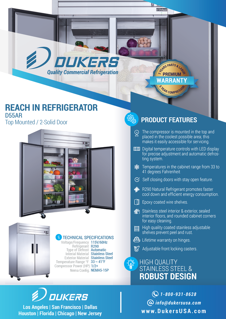 Refrigerador comercial de montaje superior de 2 puertas D55AR en acero inoxidable