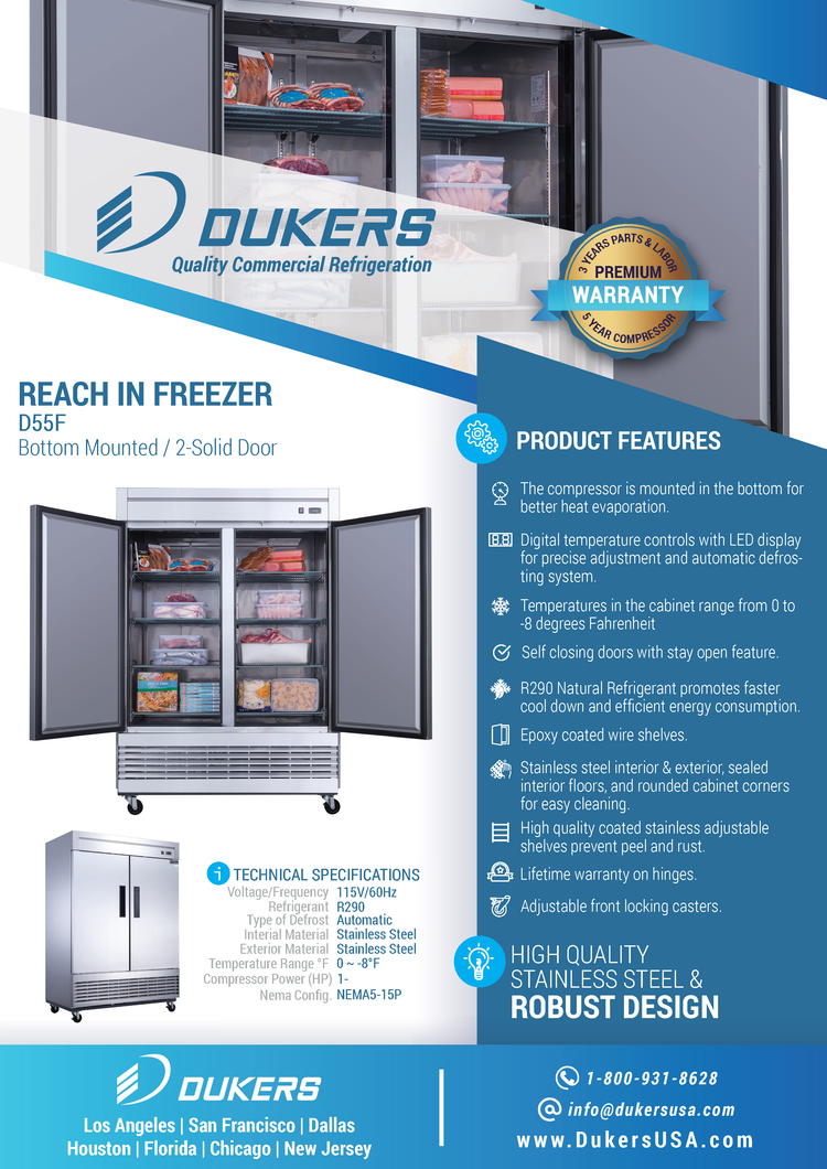 D55F 2-Door Commercial Freezer in Stainless Steel