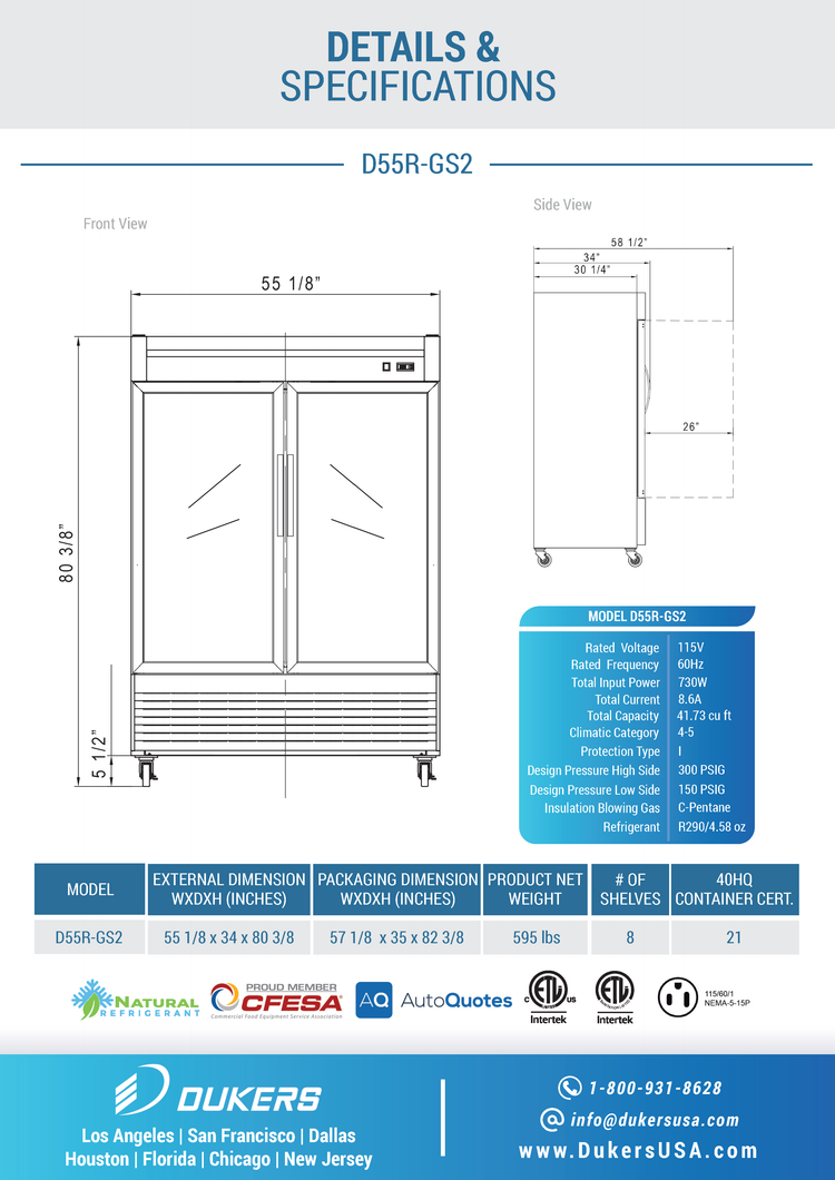 Refrigerador accesible comercial de 2 puertas y vidrio con montaje inferior D55R-GS2