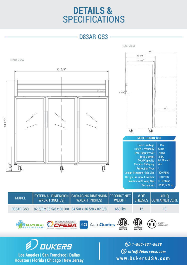 D83AR-GS3 Top Mount Glass 3-Door Commercial Reach-in Refrigerator