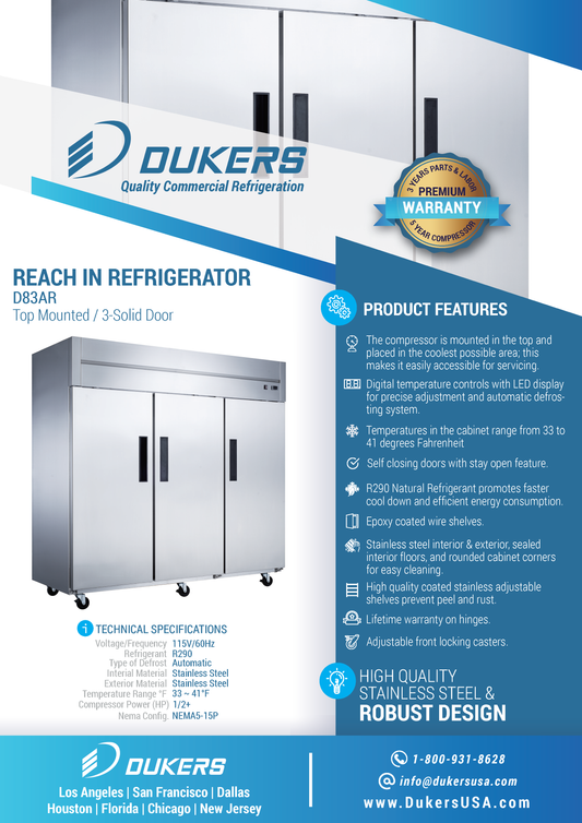 D83AR Commercial 3-Door Top Mount Refrigerator in Stainless Steel