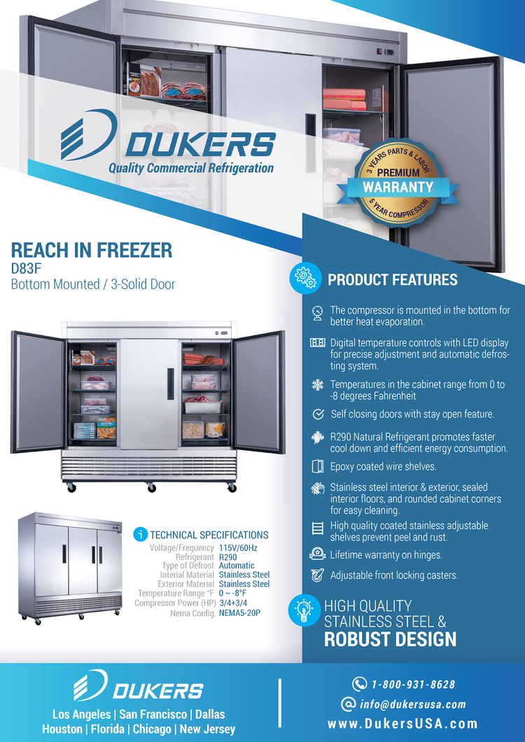D83F 3-Door Commercial Freezer in Stainless Steel
