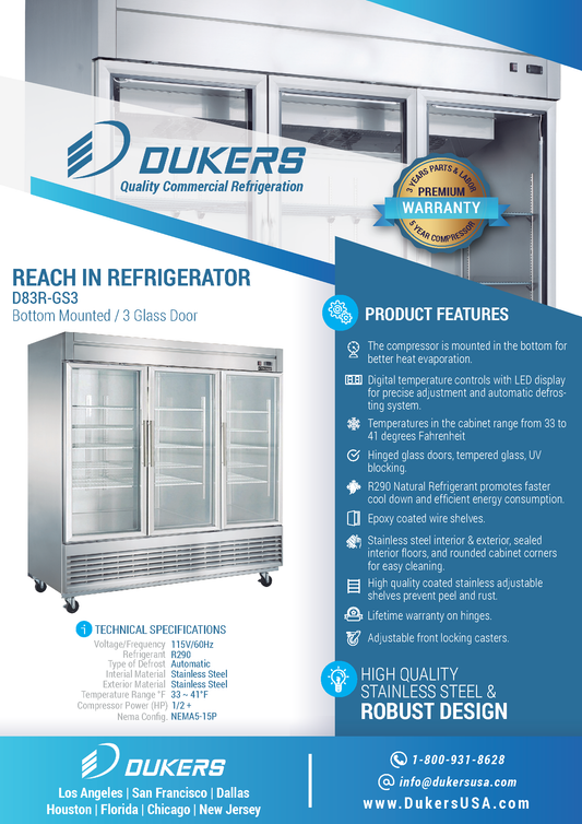 D83R-GS3 Bottom Mount Glass 3-Door Commercial Reach-in Refrigerator