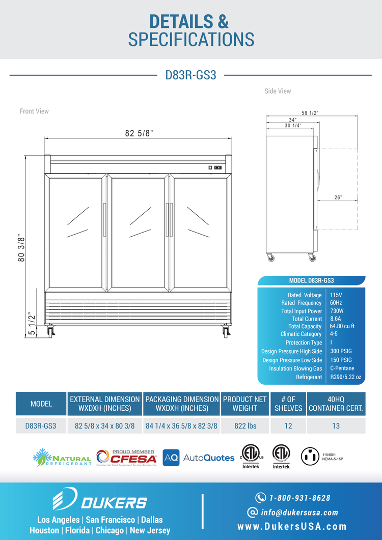 Refrigerador accesible comercial de 3 puertas y vidrio con montaje inferior D83R-GS3