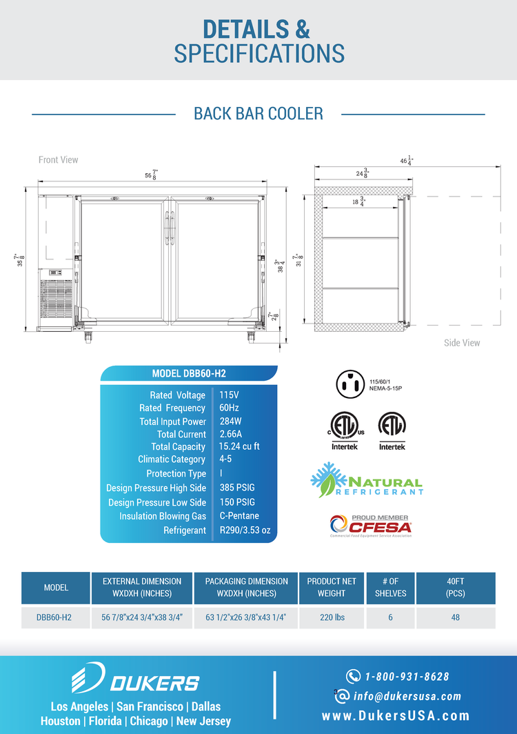 DBB60-H2 2 Door Bar and Beverage Cooler (Hinge Doors)