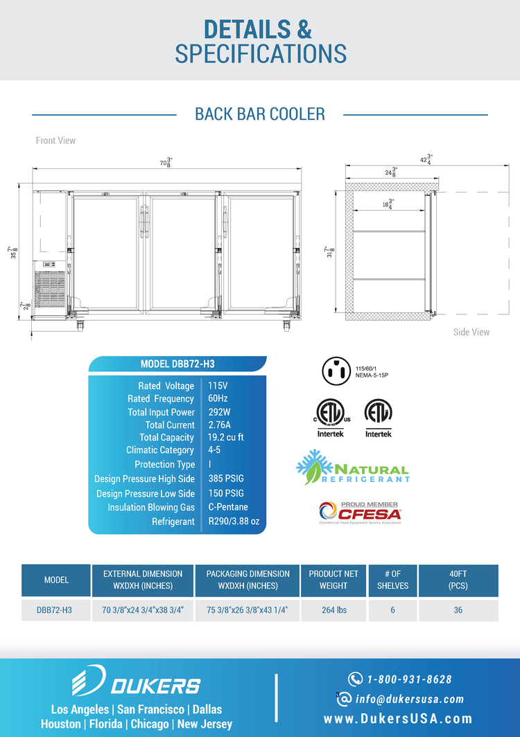 DBB72-H3 3 Door Bar and Beverage Cooler (Hinge Doors)