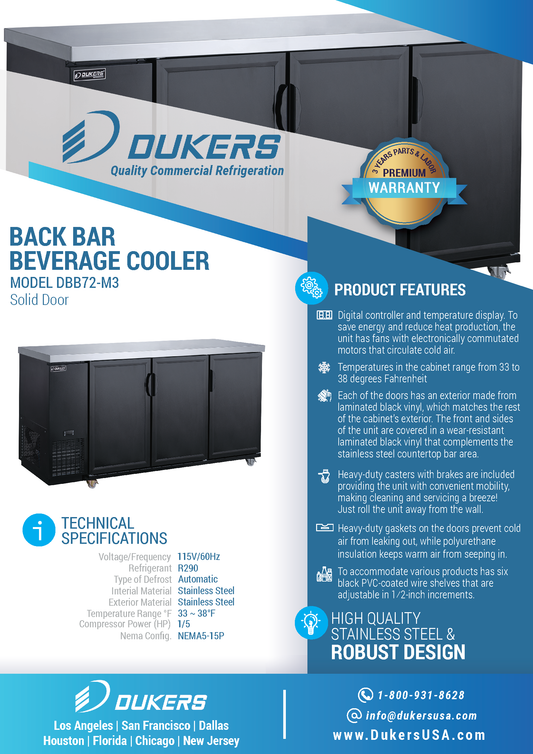 DBB72-M3 3-Door Bar and Beverage Cooler (Solid Doors)