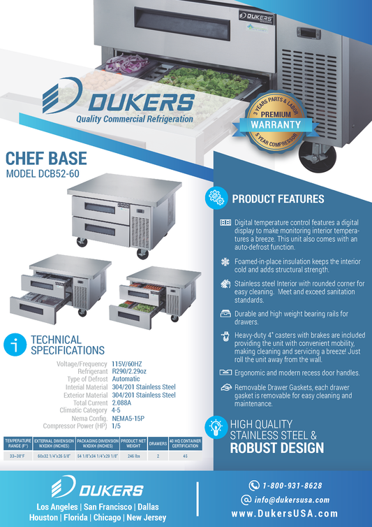 DCB52-60-D2 Refrigerador base Chef con 2 cajones