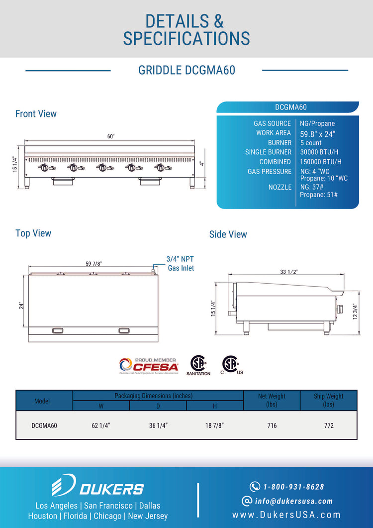 DCGMA60 Plancha de 60 pulgadas de ancho con 5 quemadores