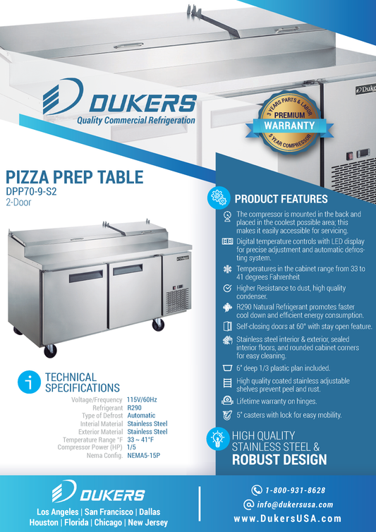 Refrigerador comercial con mesa para preparación de pizza, 2 puertas, DPP70-9-S2