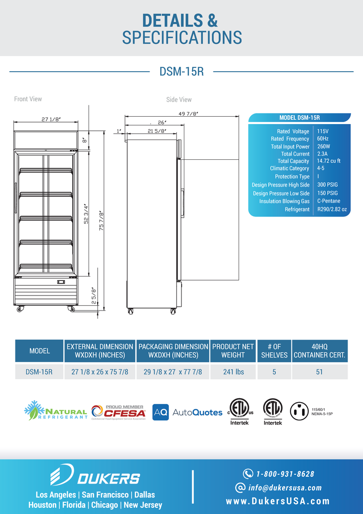 Refrigerador comercial con puerta batiente de vidrio simple DSM-15R