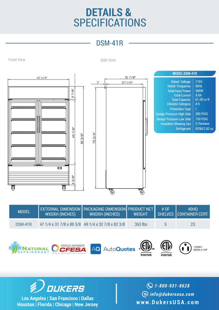 DSM-41R Commercial Glass Swing 2-Door Merchandiser Refrigerator