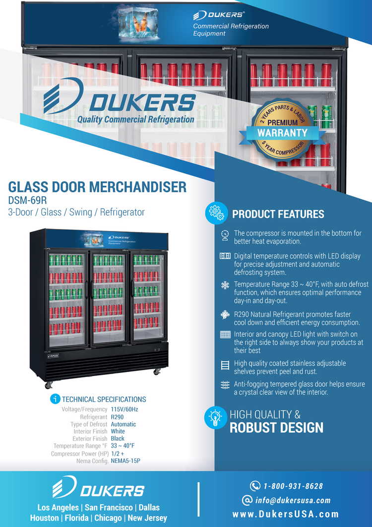 DSM-69R Commercial Glass Swing 3-Door Merchandiser Refrigerator