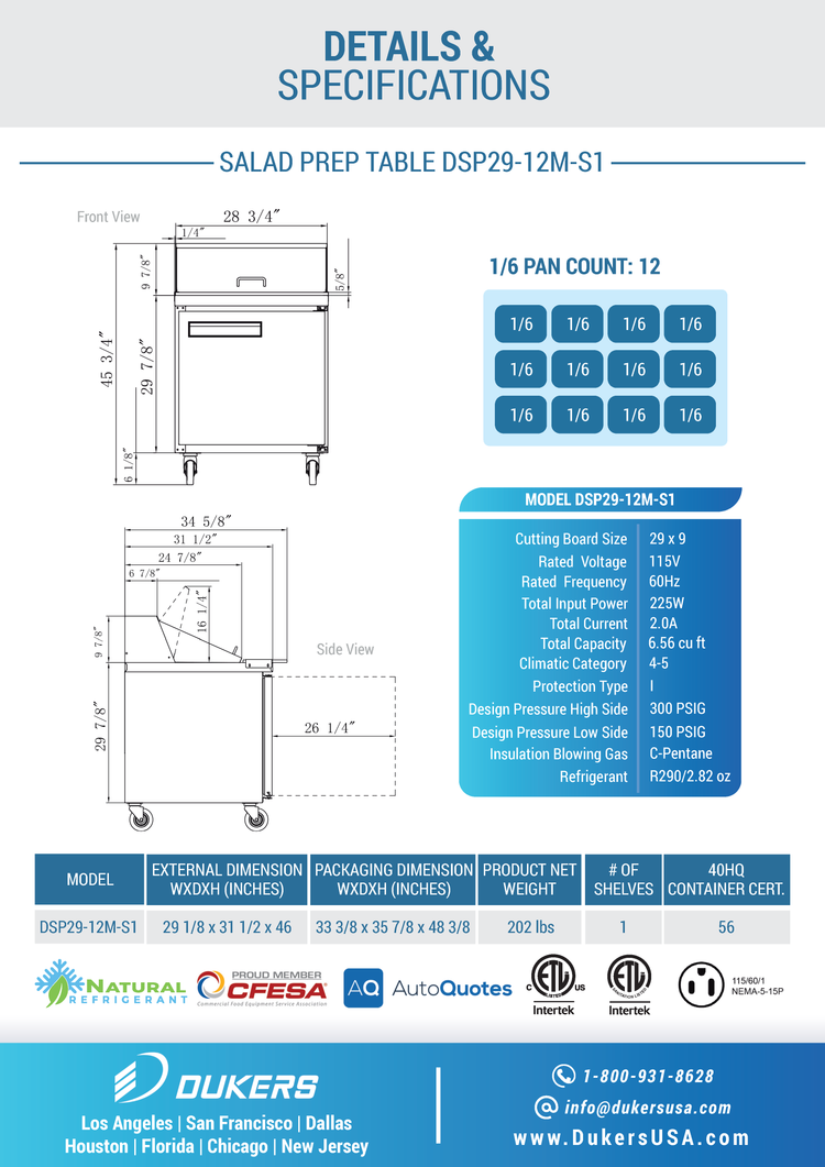 DSP29-12M-S1 Refrigerador comercial de mesa de preparación de alimentos de 1 puerta en acero inoxidable con Mega Top