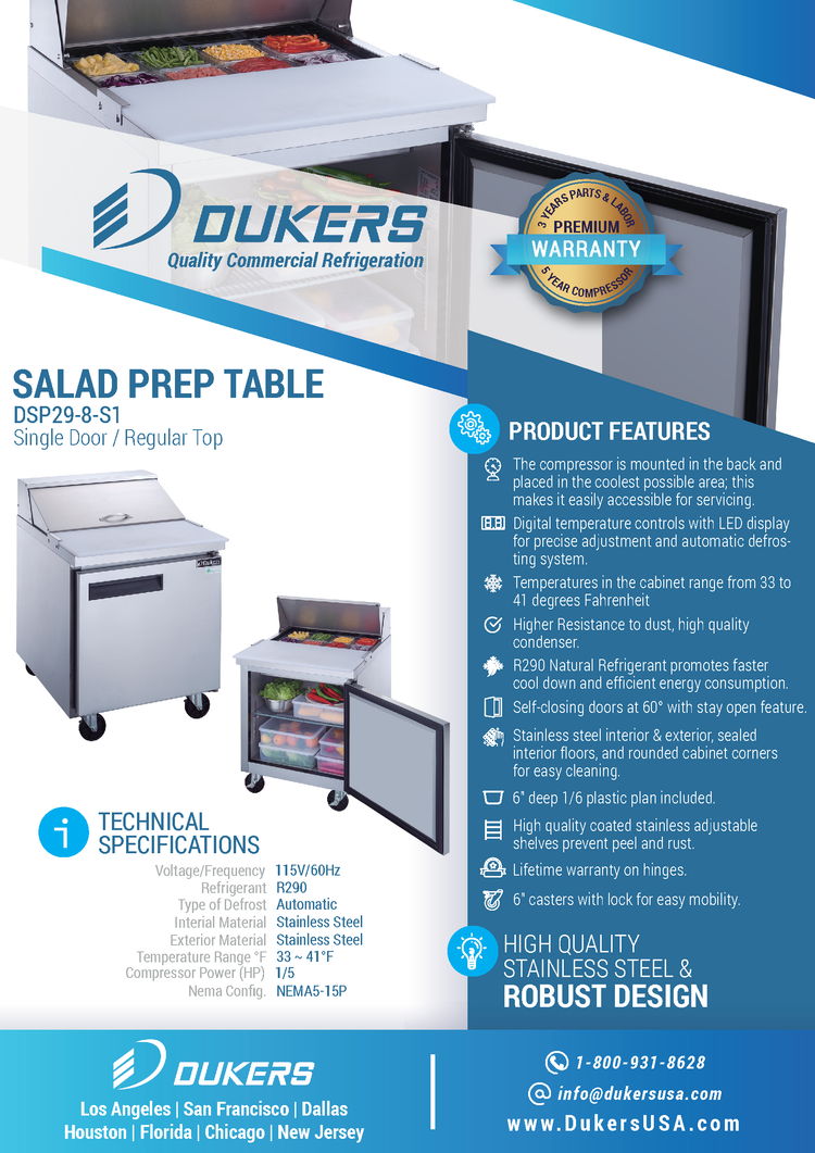 DSP29-8-S1 Refrigerador comercial de mesa de preparación de alimentos de 1 puerta en acero inoxidable