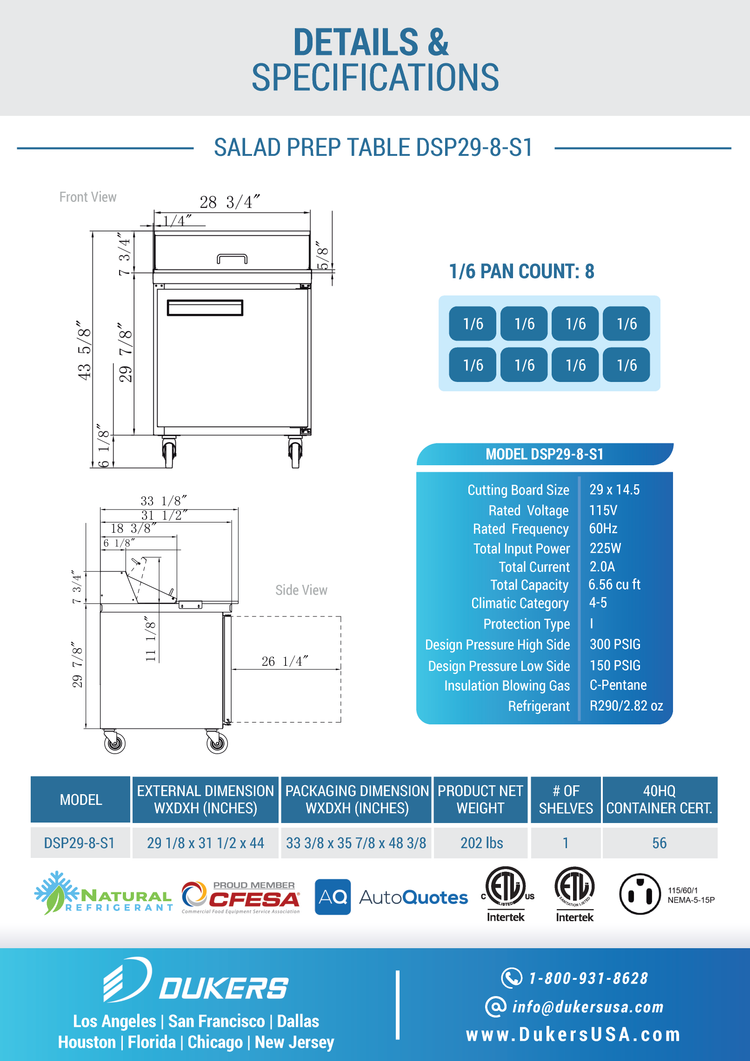 DSP29-8-S1 1-Door Commercial Food Prep Table Refrigerator in Stainless Steel