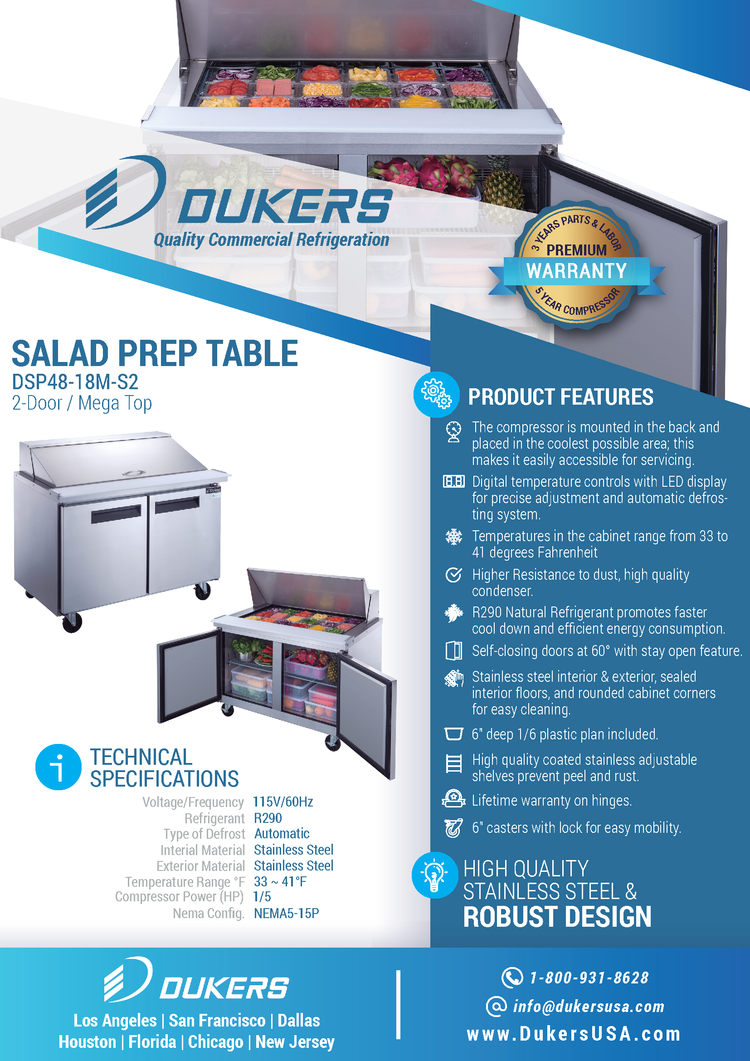 DSP48-18M-S2 Refrigerador comercial de mesa de preparación de alimentos de 2 puertas en acero inoxidable con Mega Top