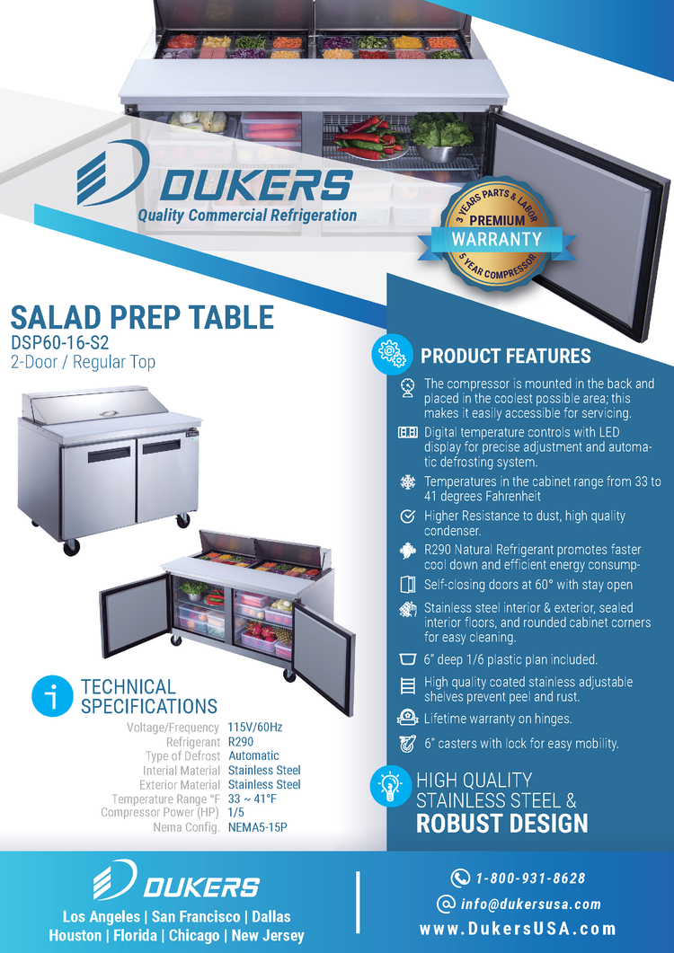 DSP60-16-S2 2-Door Commercial Food Prep Table Refrigerator in Stainless Steel