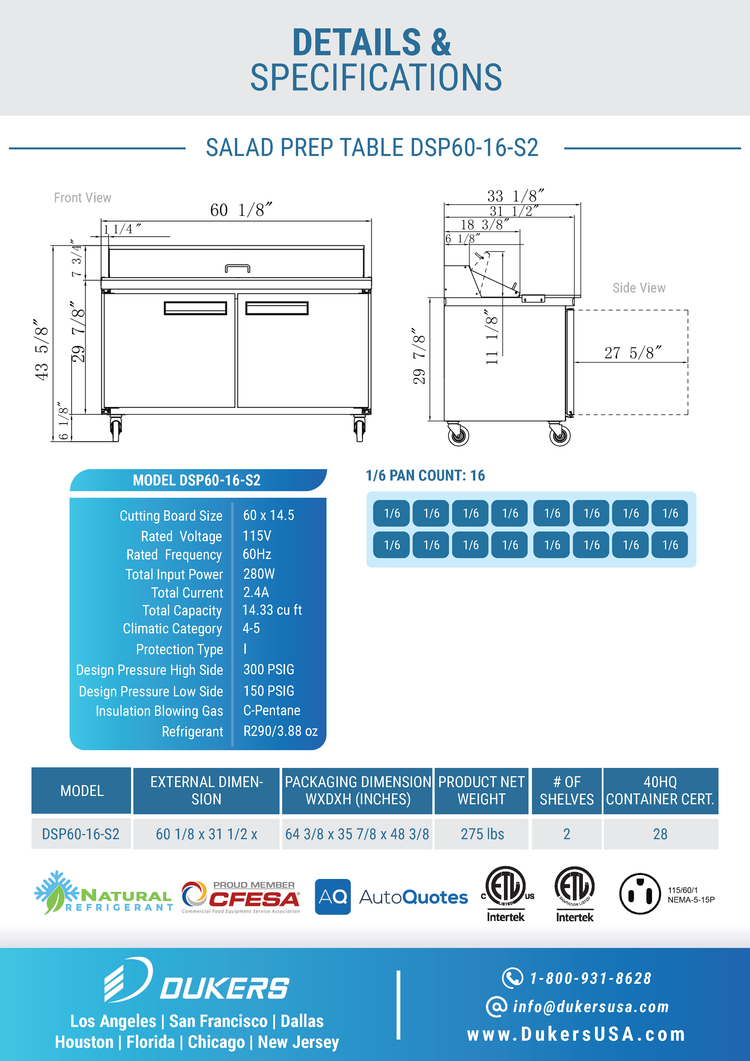 DSP60-16-S2 2-Door Commercial Food Prep Table Refrigerator in Stainless Steel