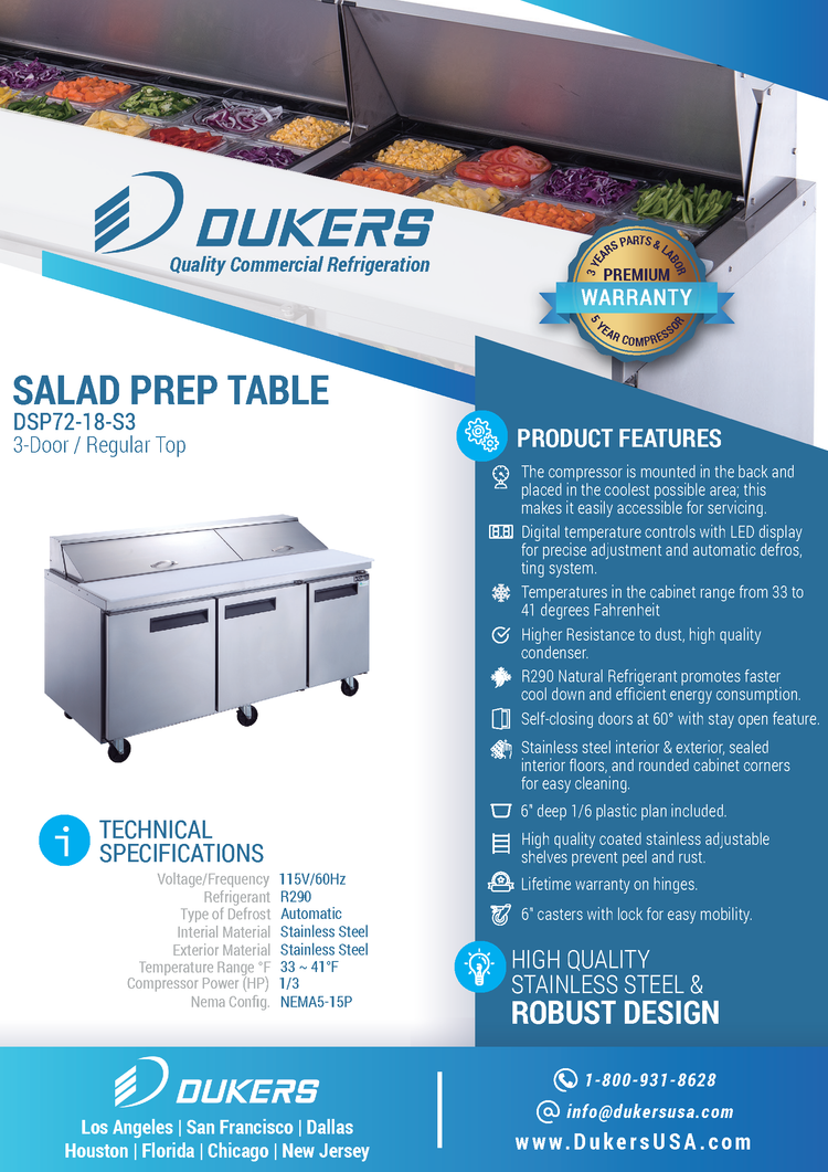 DSP72-18-S3 不锈钢三门商用食品准备台冰箱