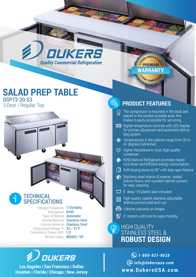 DSP72-30M-S3 3-Door Commercial Food Prep Table Refrigerator in Stainless Steel with Mega Top