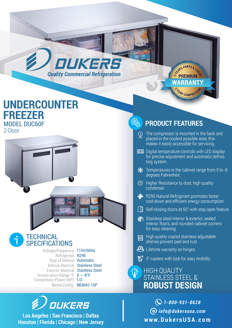 DUC60F 2-Door Undercounter Commercial Freezer in Stainless Steel