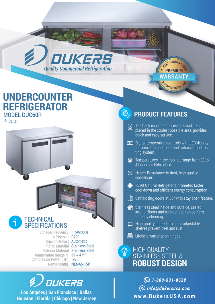 DUC60R 2-Door Undercounter Commercial Refrigerator in Stainless Steel