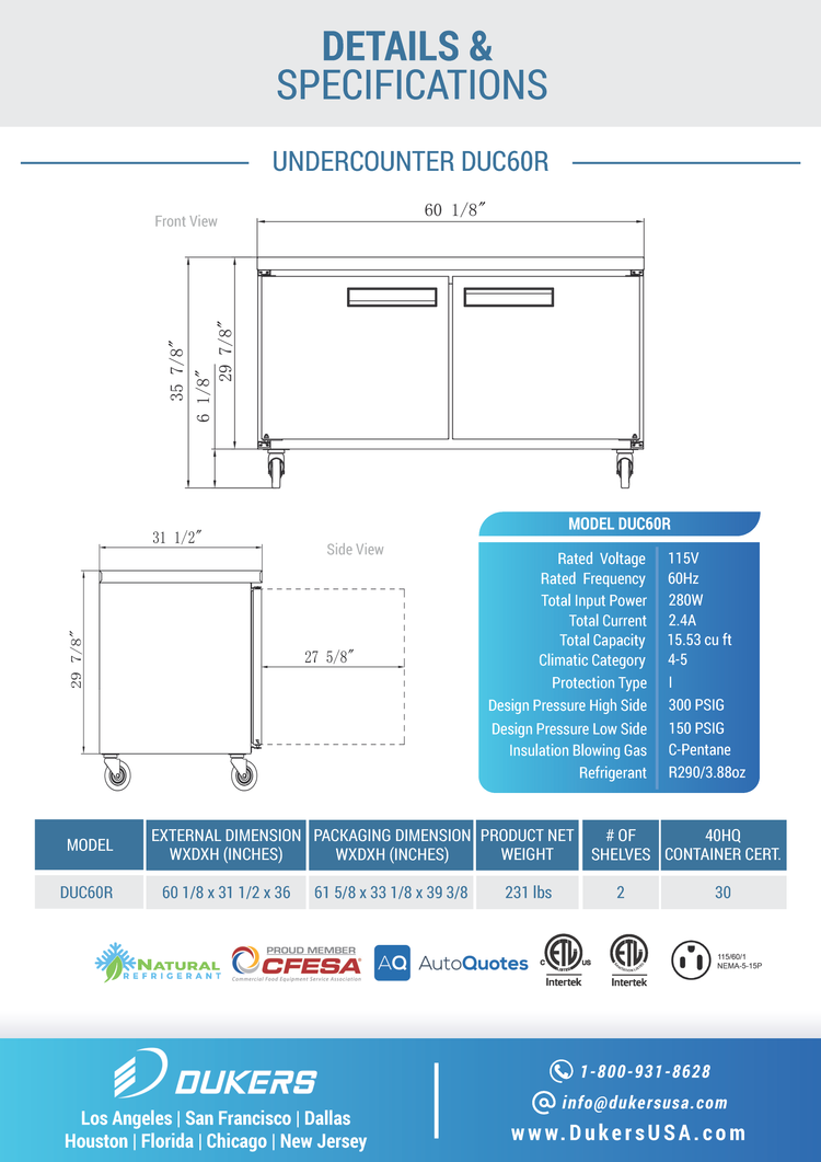 DUC60R 2-Door Undercounter Commercial Refrigerator in Stainless Steel