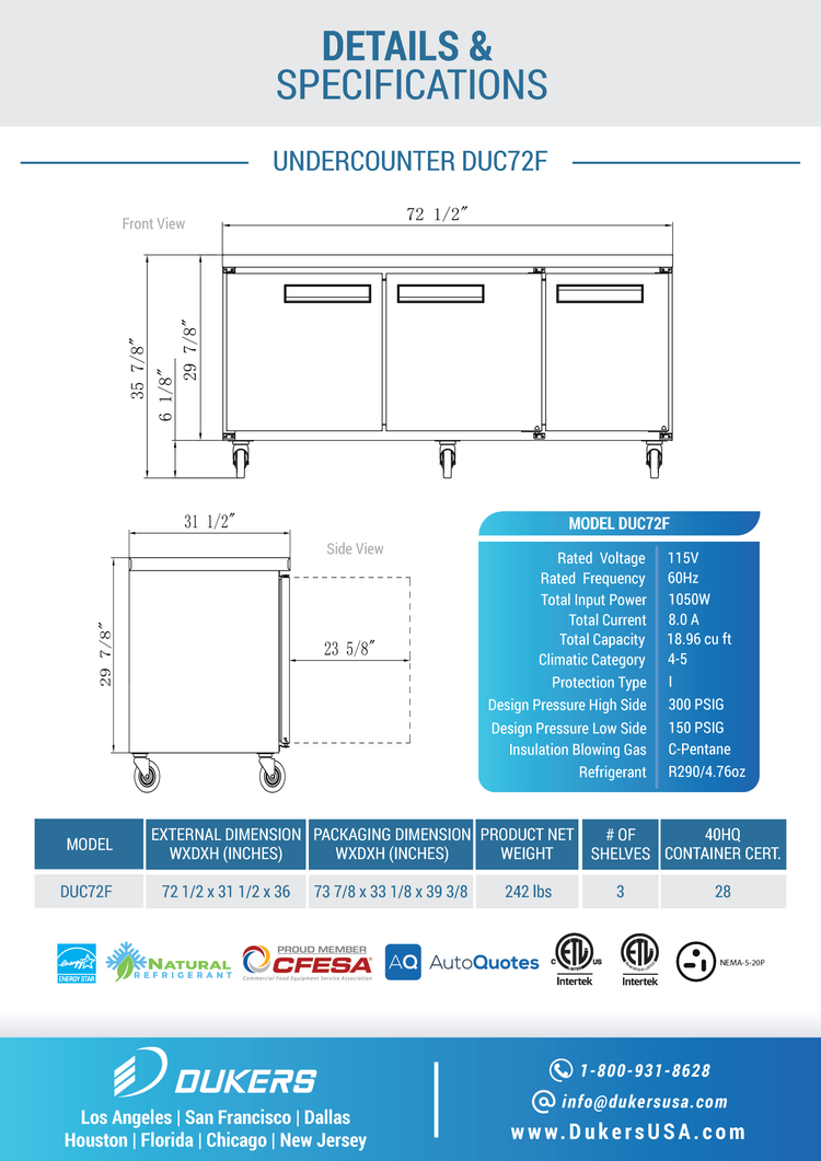 DUC72F 3-Door Undercounter Commercial Freezer in Stainless Steel