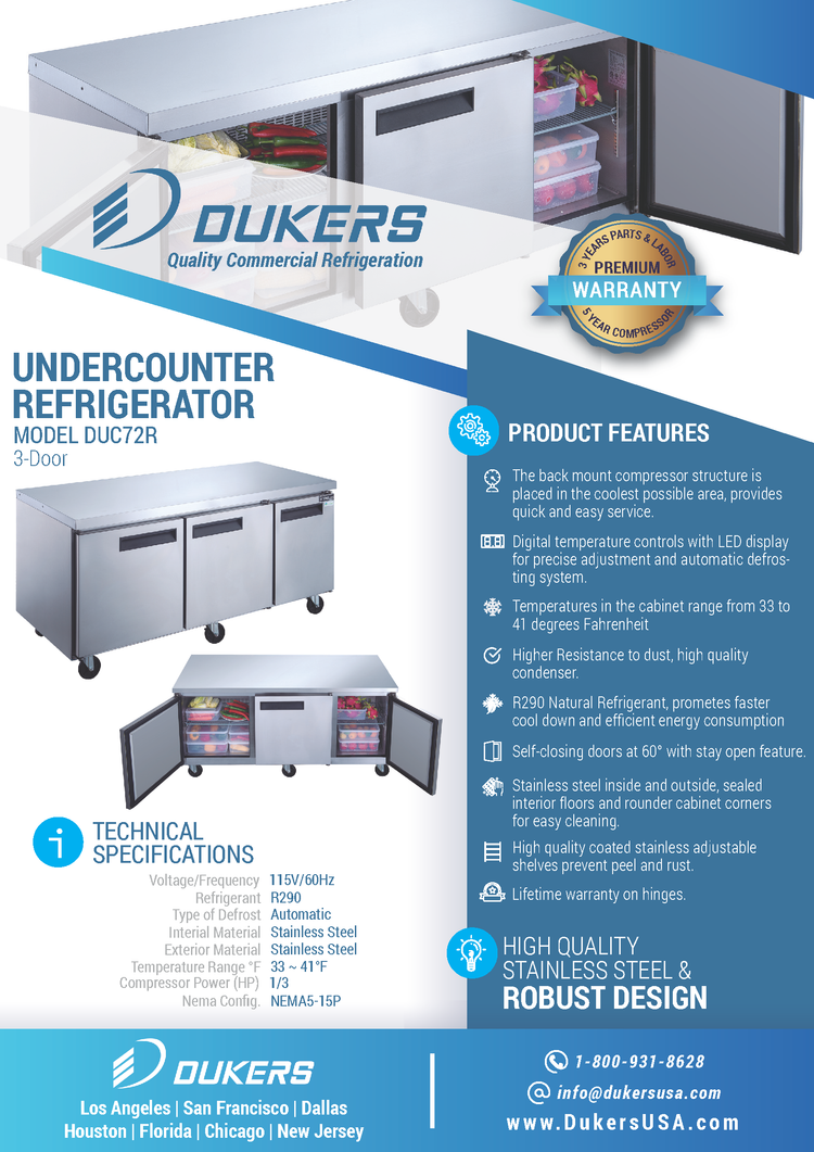 Refrigerador comercial bajo encimera de 3 puertas DUC72R en acero inoxidable
