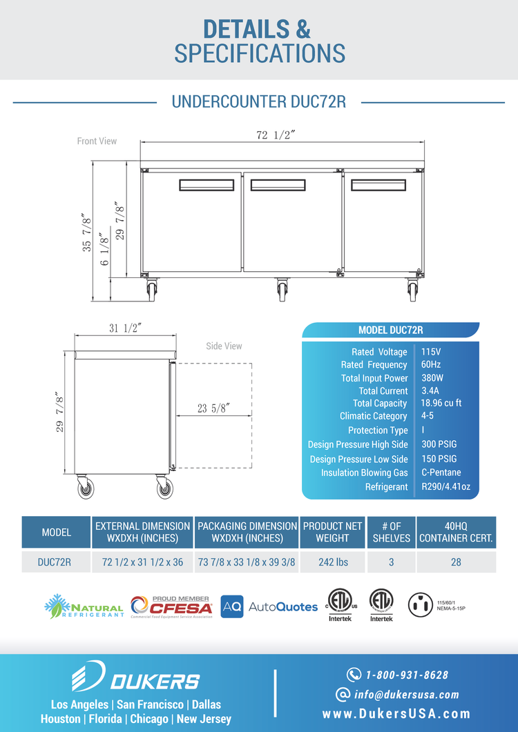 DUC72R 3-Door Undercounter Commercial Refrigerator in Stainless Steel