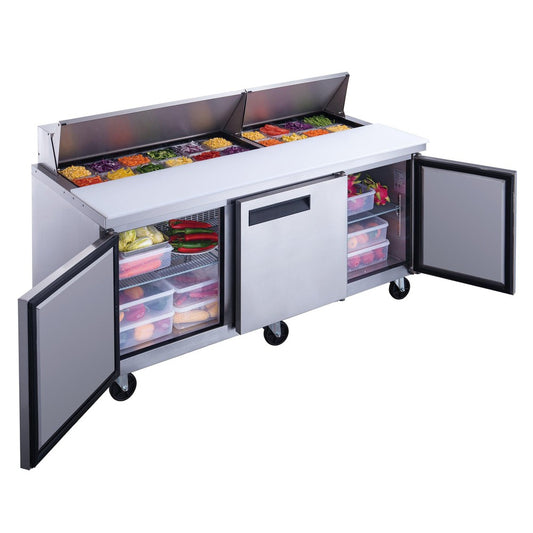 DSP72-18-S3 3-Door Commercial Food Prep Table Refrigerator in Stainless Steel