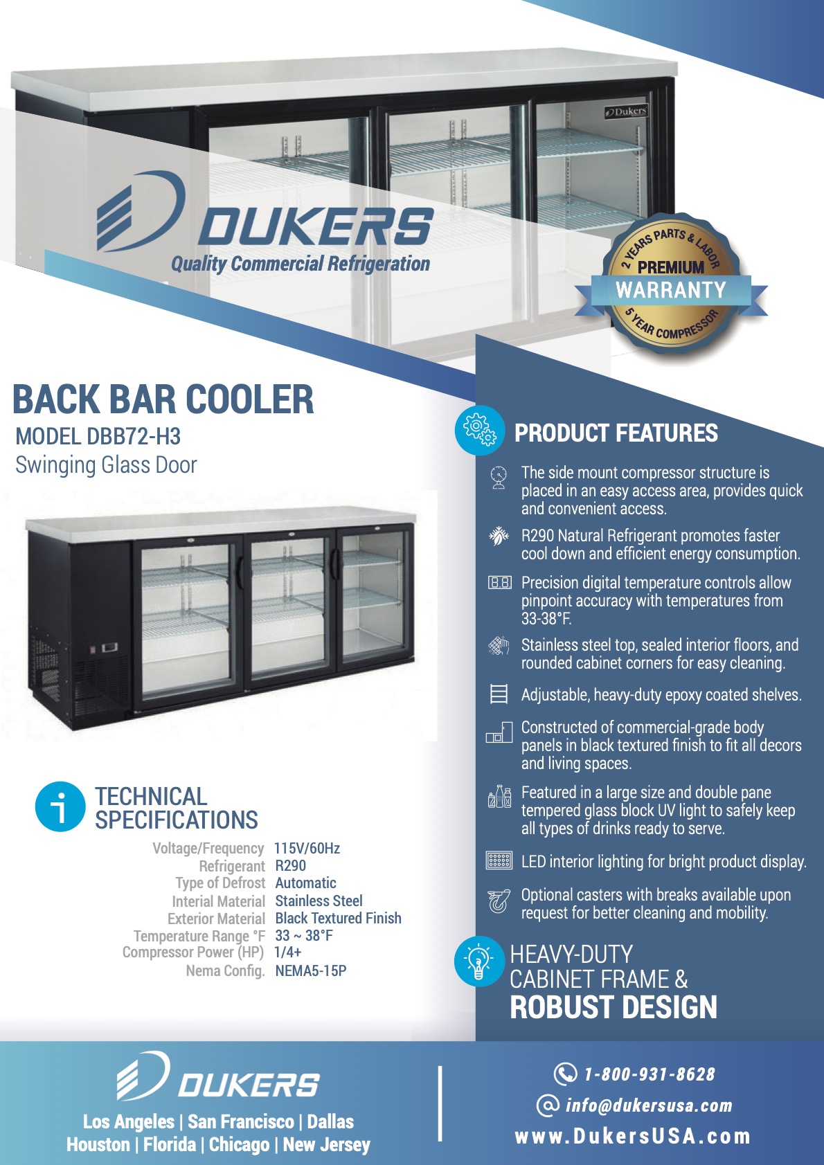 Dukers DBB72-H3 19.1 cu 3 Door Bar and Beverage Cooler ft 
